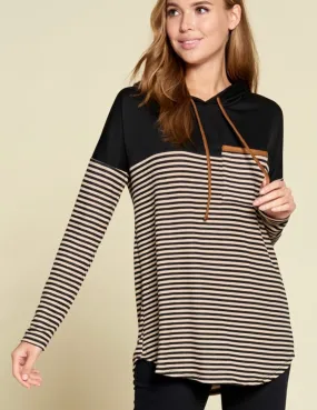 Taupe/Black Stripe Hoodie Top - T1053