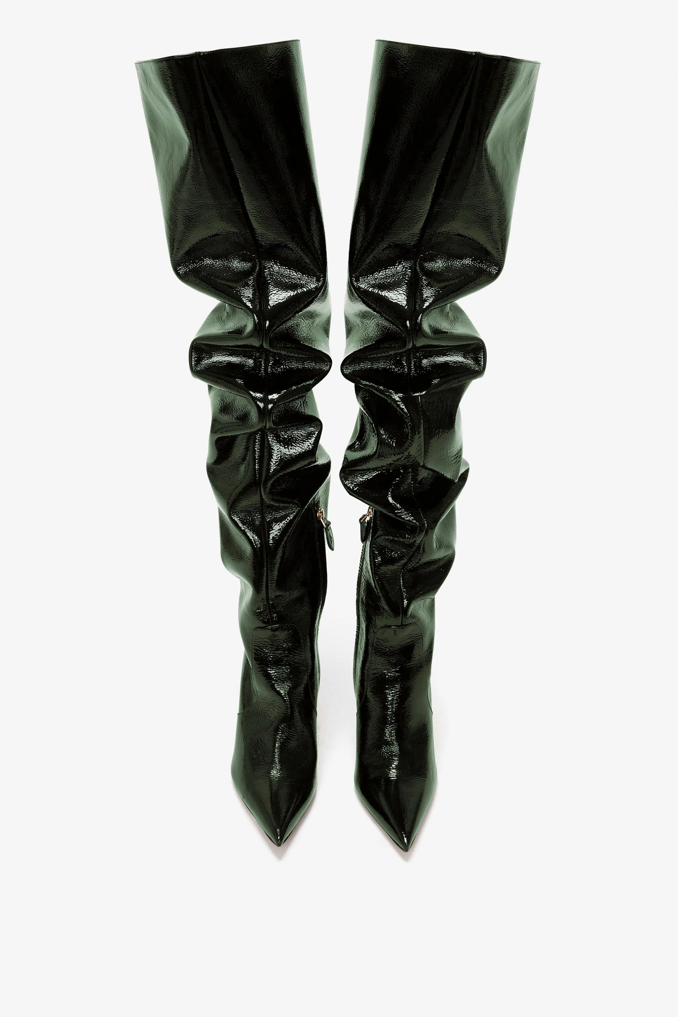 Thigh High Pointy Boot in Dark Green Grained Patent