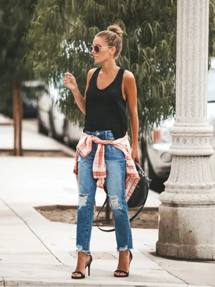 Trendy Distressed Denim Casual Pants