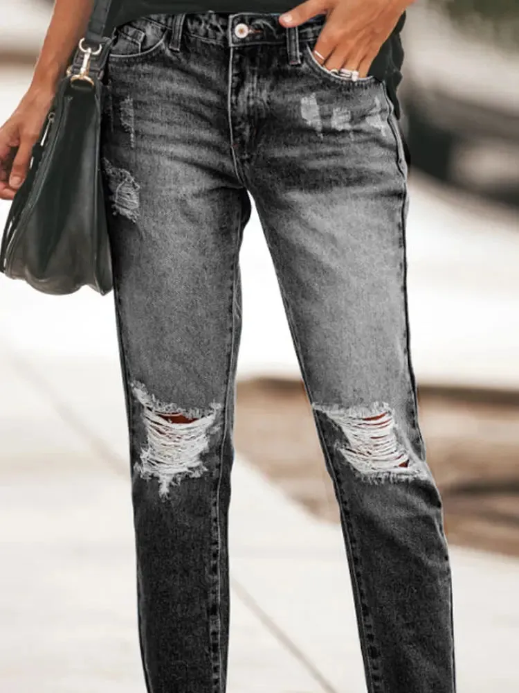 Trendy Distressed Denim Casual Pants