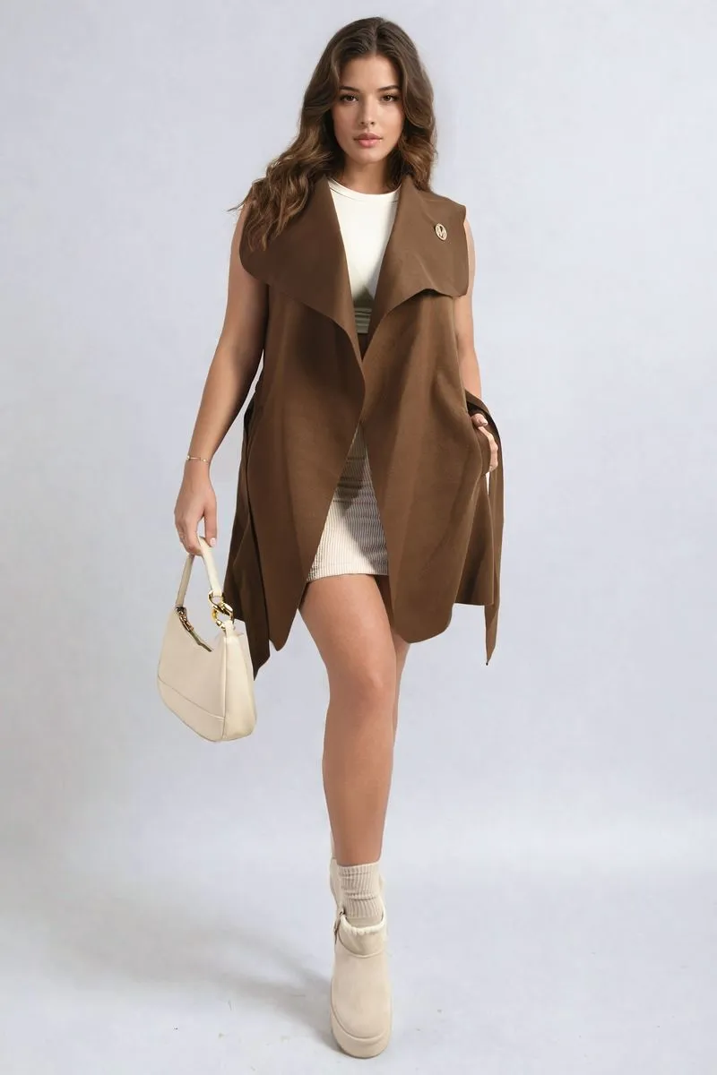 Wide Lapel Sleeveless Belted Jacket