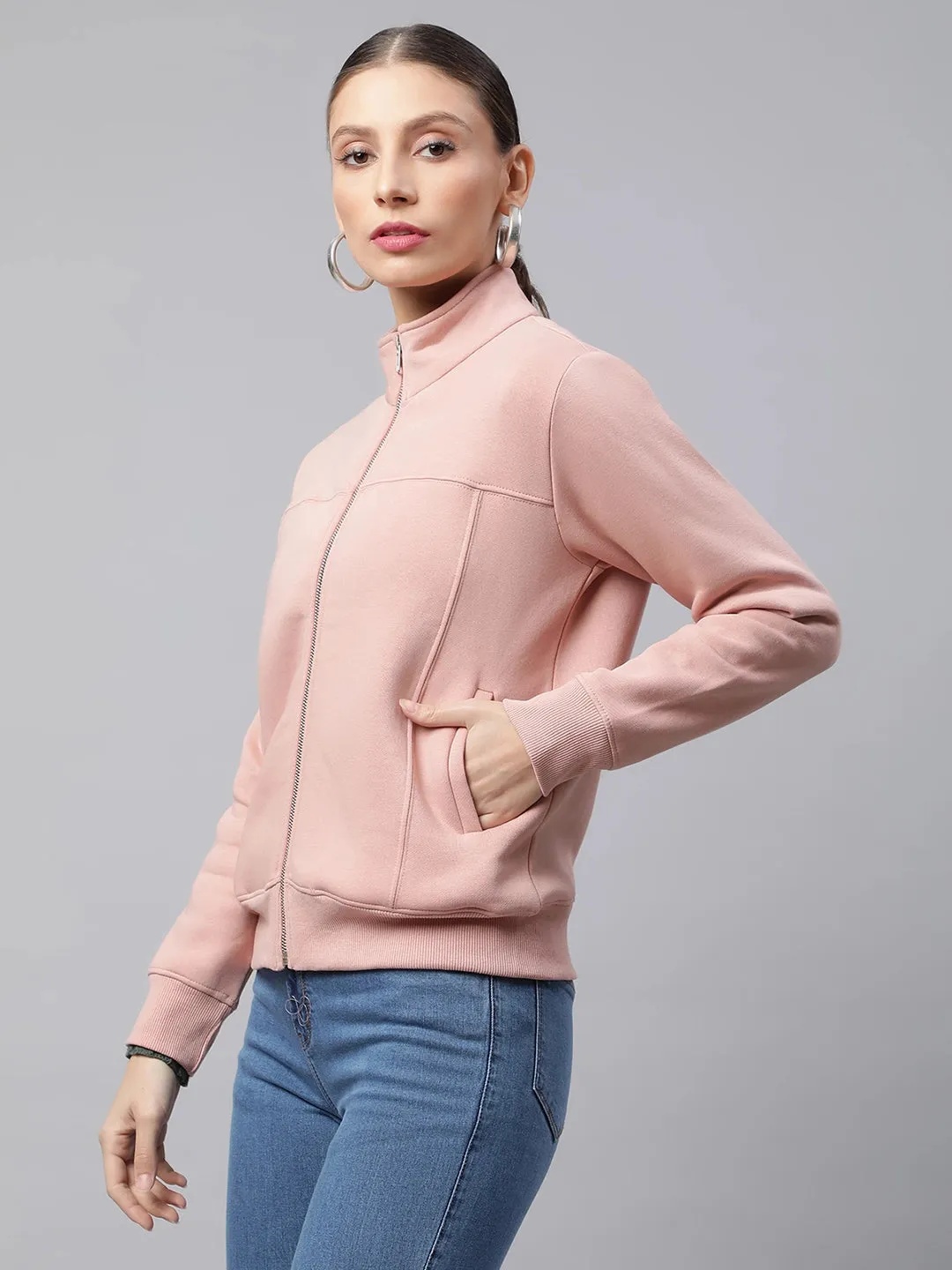 Women Dusty Pink High Neck Zip Open Front Relaxed Fit Fleece Sweatshirt