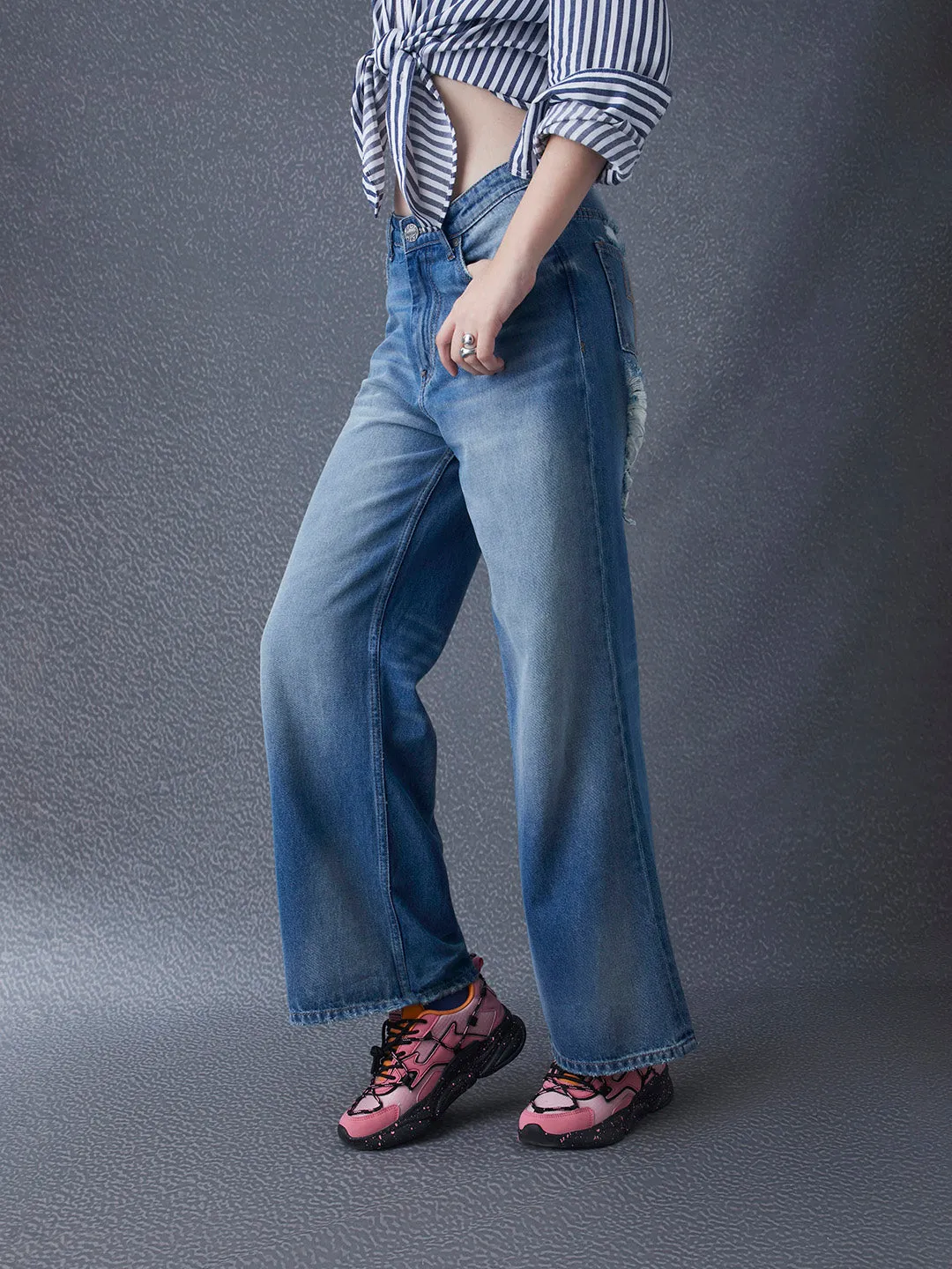 Women Wide leg High Waist Cotton Indigo Jeans