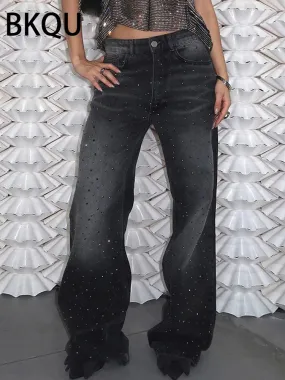 Women's Low Waist Wide Leg Rhinestone Jeans Baggy Oversized Denim Pants