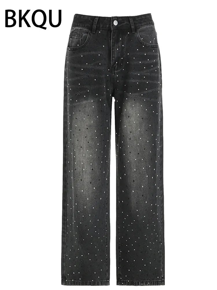 Women's Low Waist Wide Leg Rhinestone Jeans Baggy Oversized Denim Pants