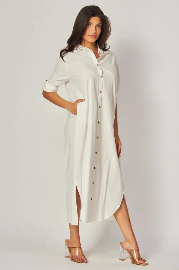 Woven Stripe Print Button-Down Maxi Dress Ivory