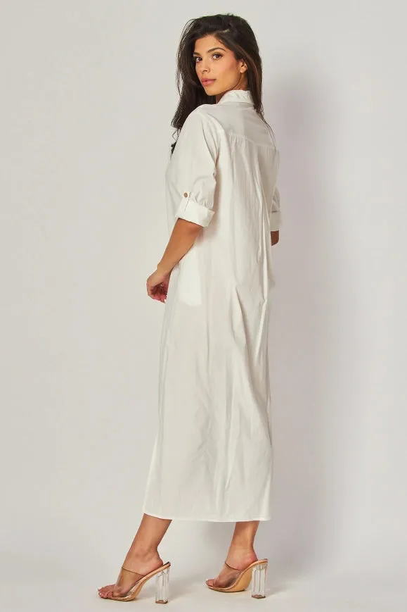 Woven Stripe Print Button-Down Maxi Dress Ivory