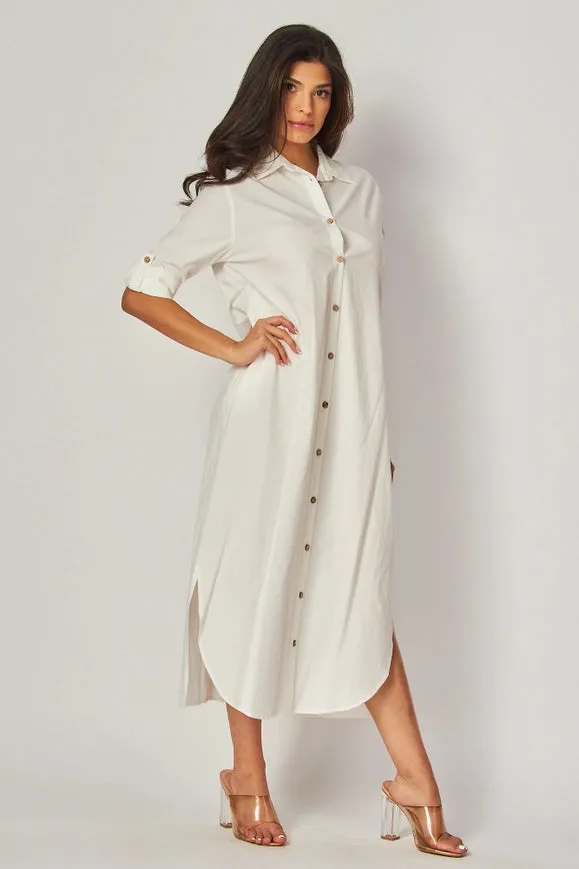 Woven Stripe Print Button-Down Maxi Dress Ivory